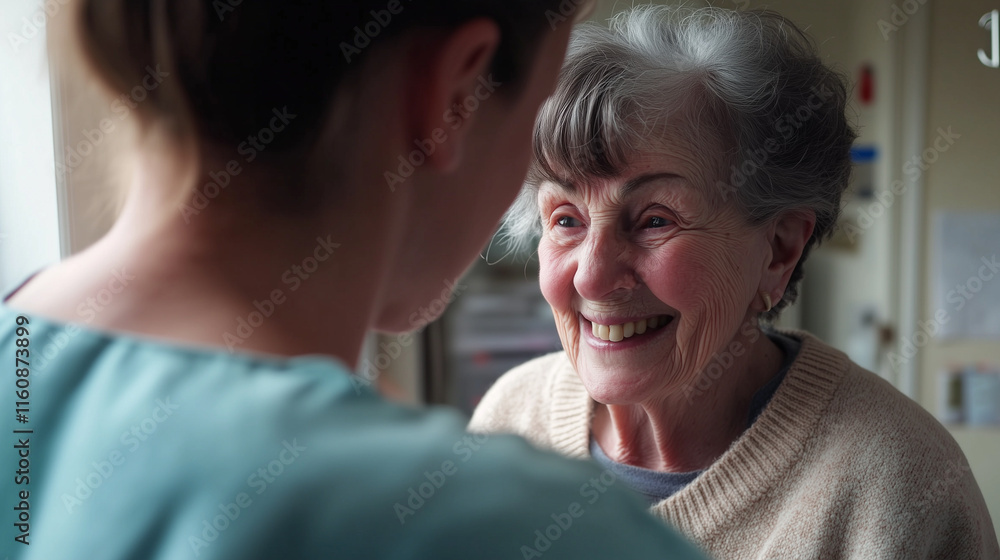 Elderly woman receiving compassionate care, warmly interacting with supportive nurse in cozy senior living setting Elderly woman receiving compassionate care, warmly interacting with supportive nurse in cozy senior living setting
