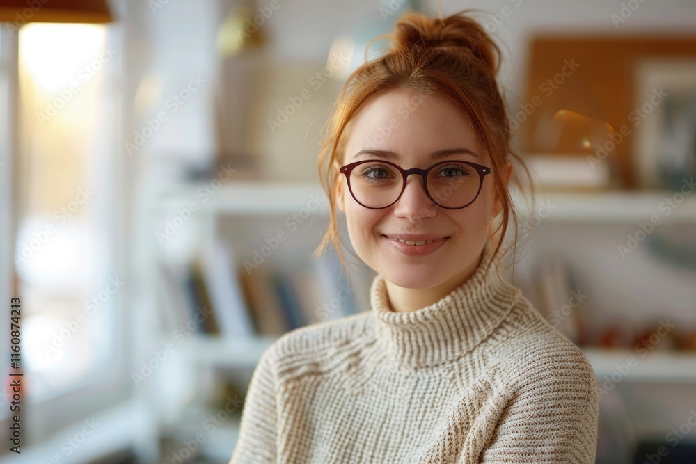 Portrait of a happy casual businesswoman in sweater sitting at her workplace in office Portrait of a happy casual businesswoman in sweater sitting at her workplace in office