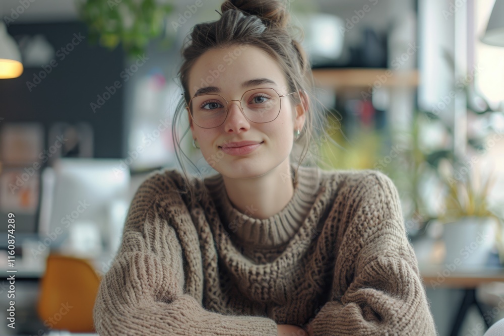 Portrait of a happy casual businesswoman in sweater sitting at her workplace in office Portrait of a happy casual businesswoman in sweater sitting at her workplace in office