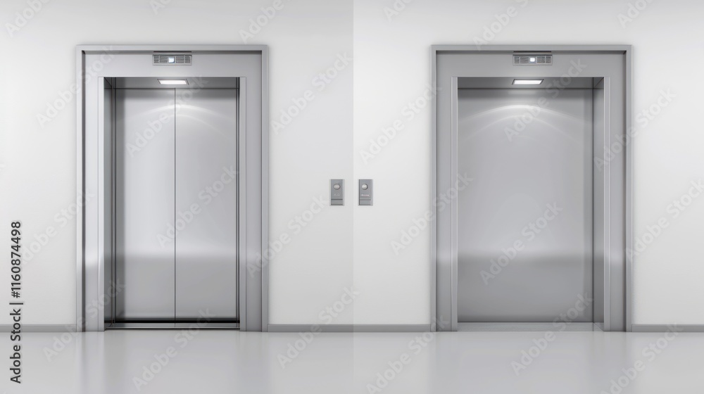 Naklejka premium Two modern stainless steel elevators in a white hallway.