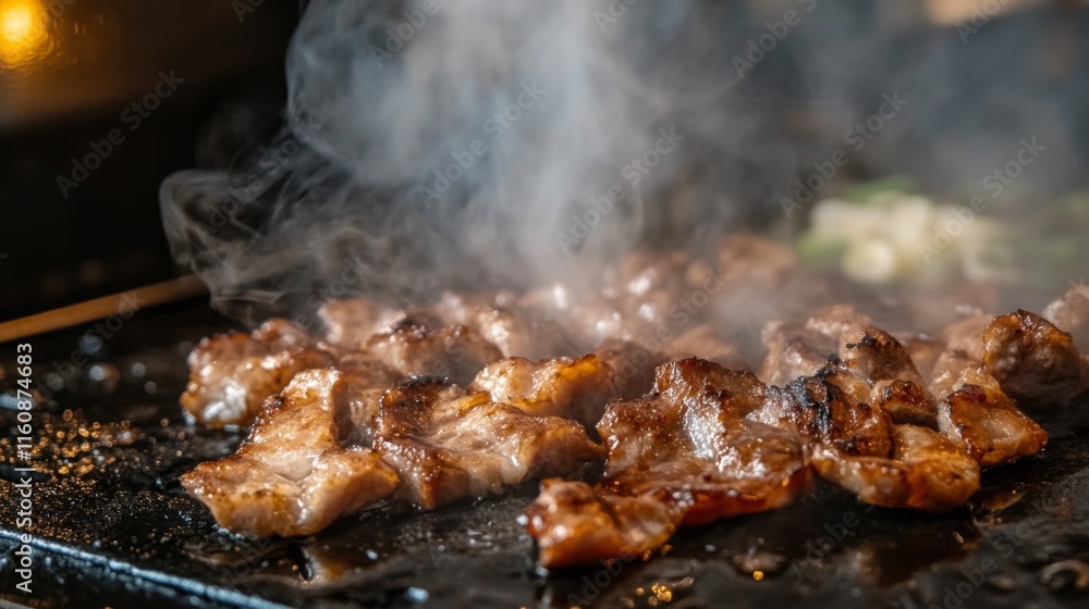 Sizzling Meat Cooking on a Hot Grill with Smoky Aroma Rising Sizzling Meat Cooking on a Hot Grill with Smoky Aroma Rising