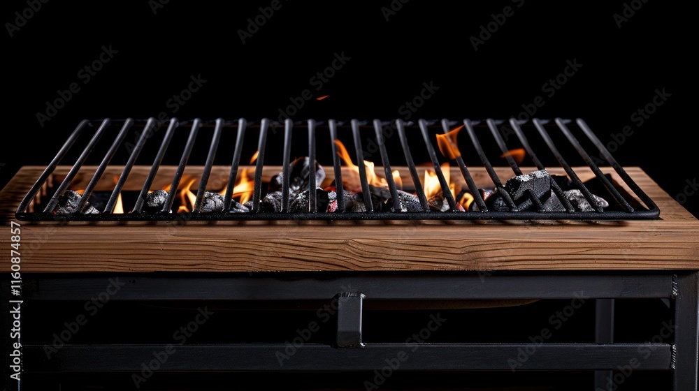 Naklejka premium Charcoal grill with burning coals and flames on a wooden frame.