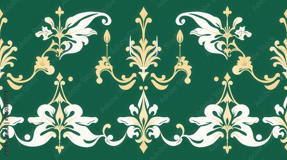 Fototapeta premium Elegant green wallpaper featuring intricate white and gold floral patterns, perfect for adding a touch of sophistication to any interior space.
