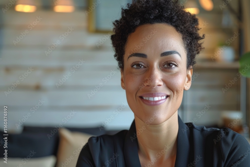 Businesswoman smiling at webcam for various professional interactions. Businesswoman smiling at webcam for various professional interactions.