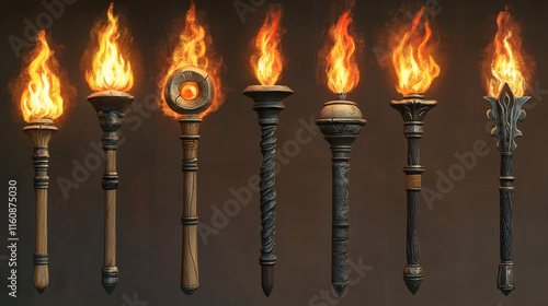 Medieval torches with burning fire vector set. Ancient metal and wooden brands of different shapes with flame. Cartoon elements for pc game, flaming torchlight or lighting flambeau isolated icons photo