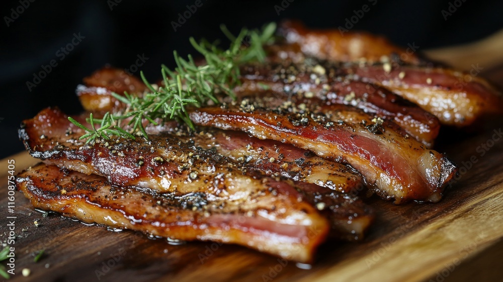 Sizzling Crispy Bacon Strips with Fresh Herbs on Wooden Cutting Board Sizzling Crispy Bacon Strips with Fresh Herbs on Wooden Cutting Board