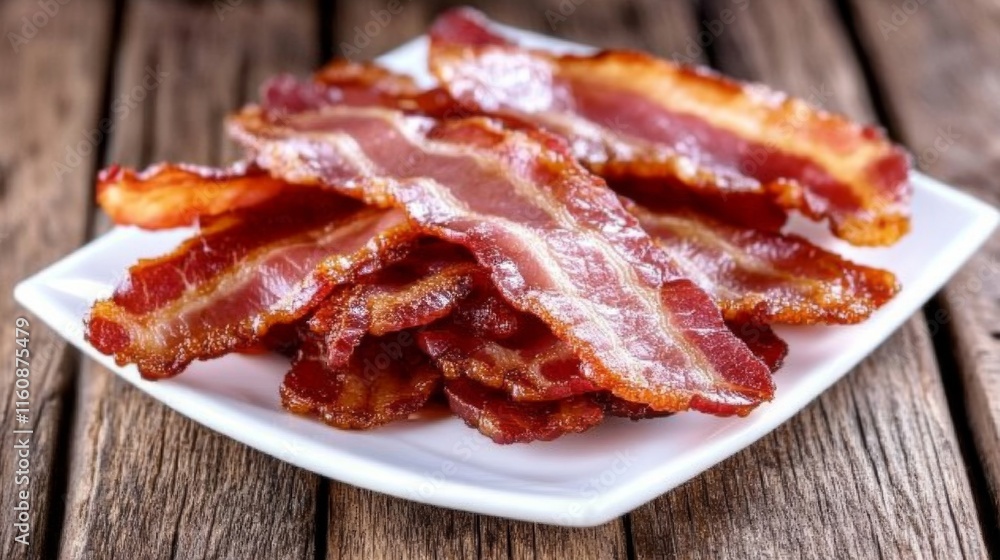 Crispy Cooked Bacon Strips on White Plate with Wooden Background Crispy Cooked Bacon Strips on White Plate with Wooden Background