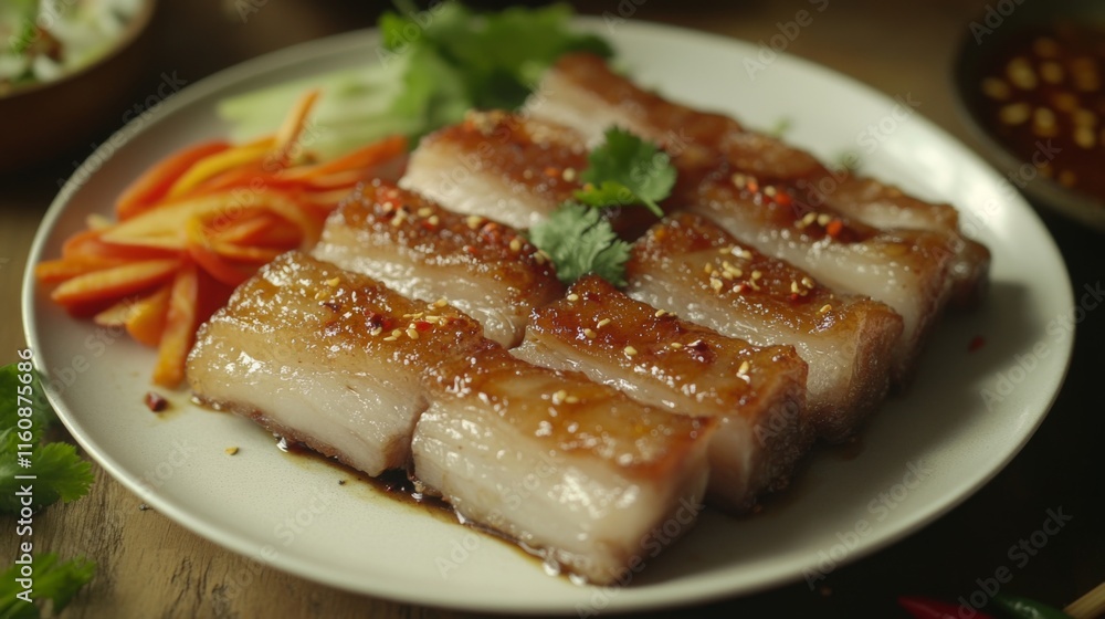 Deliciously Glazed Pork Belly with Fresh Vegetables and Herbs Deliciously Glazed Pork Belly with Fresh Vegetables and Herbs