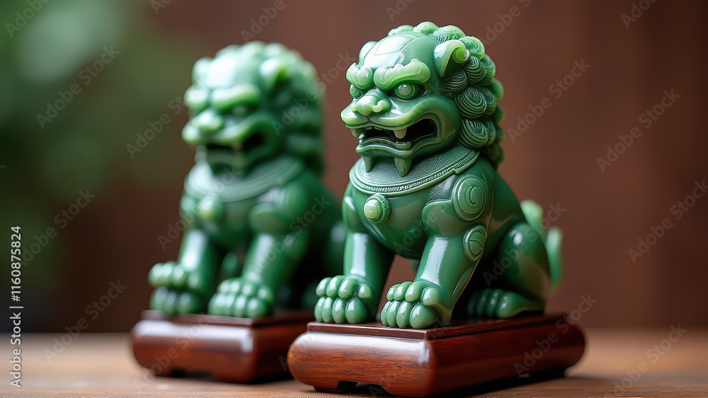 Jade Foo Dogs Statues, Chinese Guardian Lions - Asian-inspired design Jade Foo Dogs Statues, Chinese Guardian Lions - Asian-inspired design