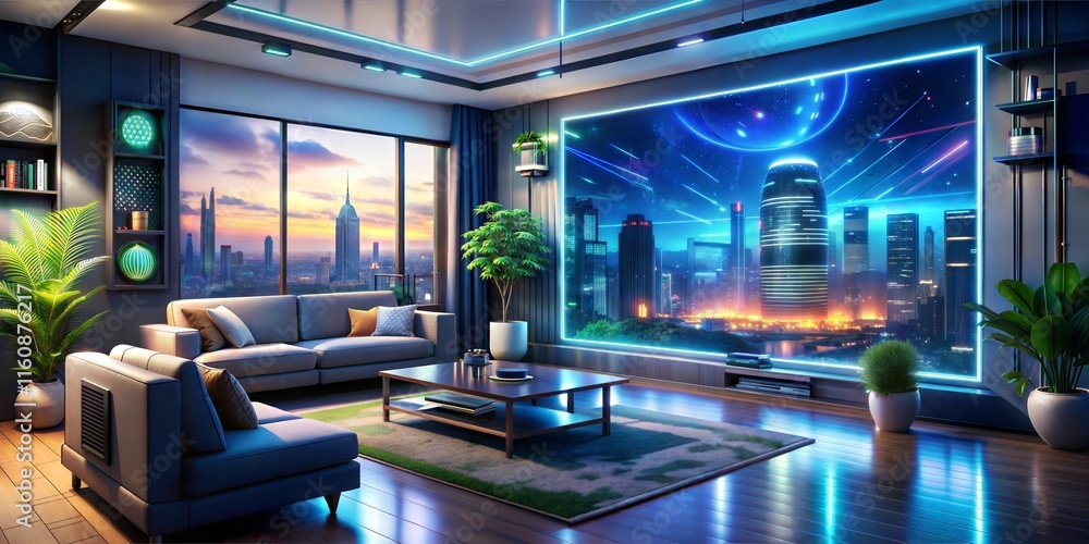 Contemporary Living Space with Futuristic Neon Glow and Large Display Contemporary Living Space with Futuristic Neon Glow and Large Display
