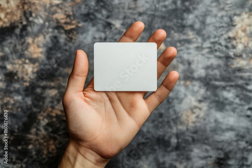 Hand holding a blank card against a textured background in a minimalist setting photo