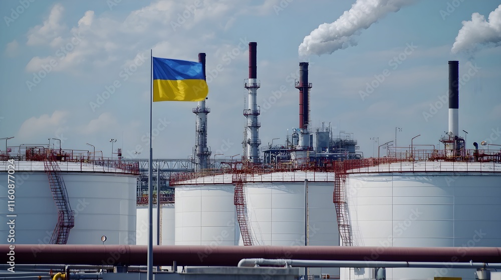 Obraz premium Industrial landscape in Ukraine featuring smokestacks and storage tanks