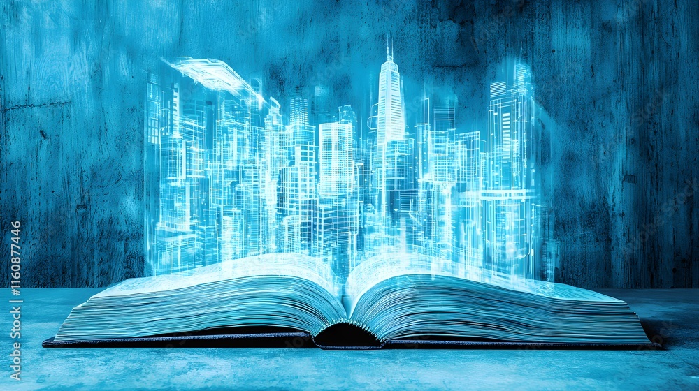Fototapeta premium Open book reveals holographic cityscape in a futuristic setting