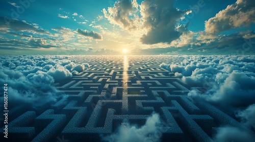 Pathway Through the Celestial Maze A surreal abstract landscape depicting a geometric labyrinth with a clear path leading towards a shining radiant target in the sky photo