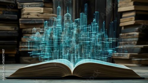 Open book unleashing a digital cityscape from its pages in a cozy library setting