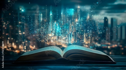 Book opens to reveal a futuristic cityscape glowing in the night sky