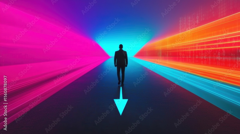 Man Walking Towards Vibrant Light with Futuristic Digital Background Man Walking Towards Vibrant Light with Futuristic Digital Background