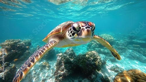 Sea turtle swimming underwater, clear blue ocean. Perfect for wildlife, nature, and ocean themes, serene and captivating. photo