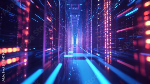 Dynamic data flow neon light corridor digital art virtual environment futuristic viewpoint tech concept