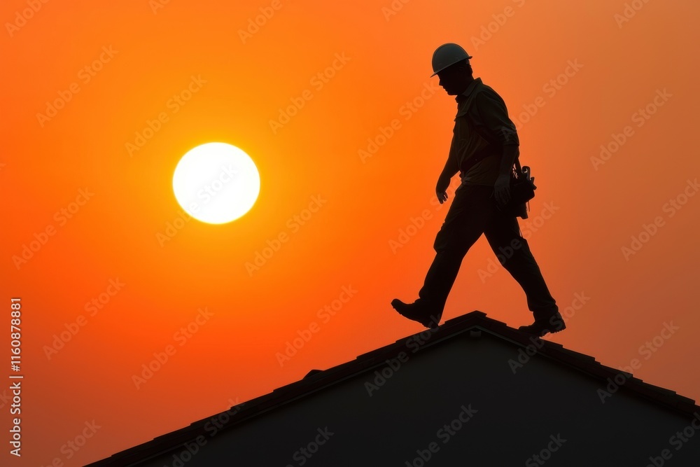 Roofer Walking on Roof at Sunset with Orange Sky and Sun Roofer Walking on Roof at Sunset with Orange Sky and Sun