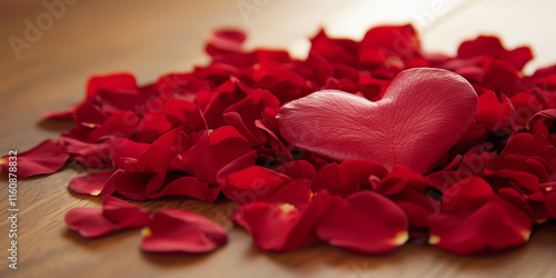 Red Rose Petals on Wooden Background – Romantic Valentine's Day Floral Decoration
