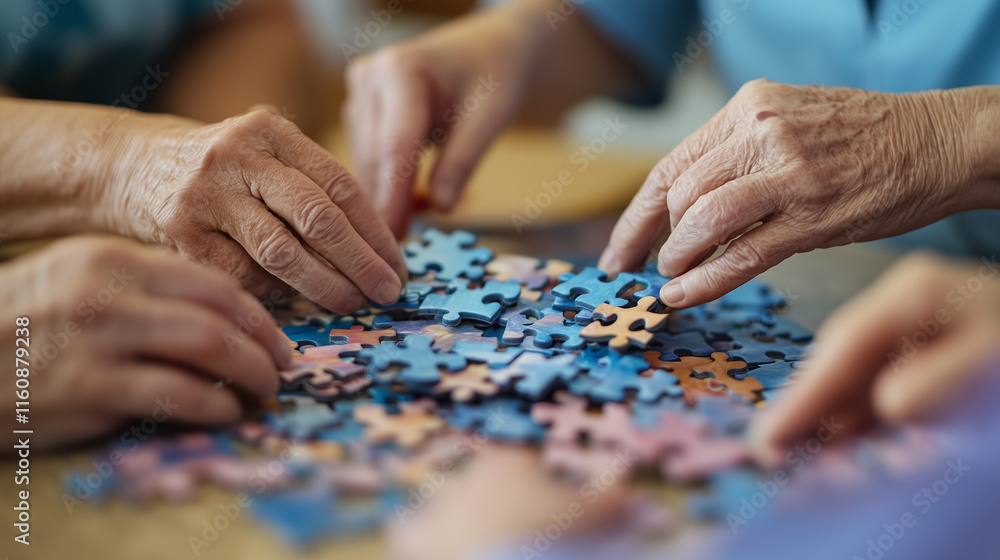 Wrinkled hands solving a puzzle in a retirement home, concept of cognitive stimulation and entertainment for the elderly