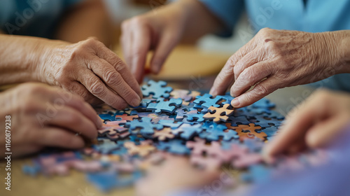 Obraz na płótnie Wrinkled hands solving a puzzle in a retirement home, concept of cognitive stimulation and entertainment for the elderly w salonie