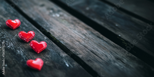 Hearts on Wooden Background – Rustic Valentine's Day Love Illustration - Negative space