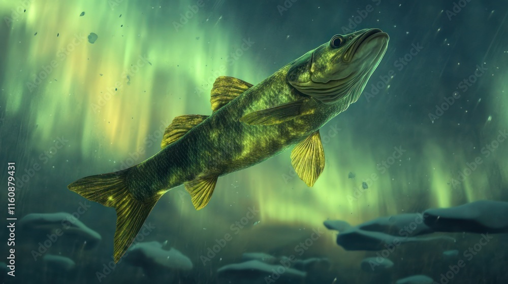 Fototapeta premium Underwater fish swimming against aurora borealis.