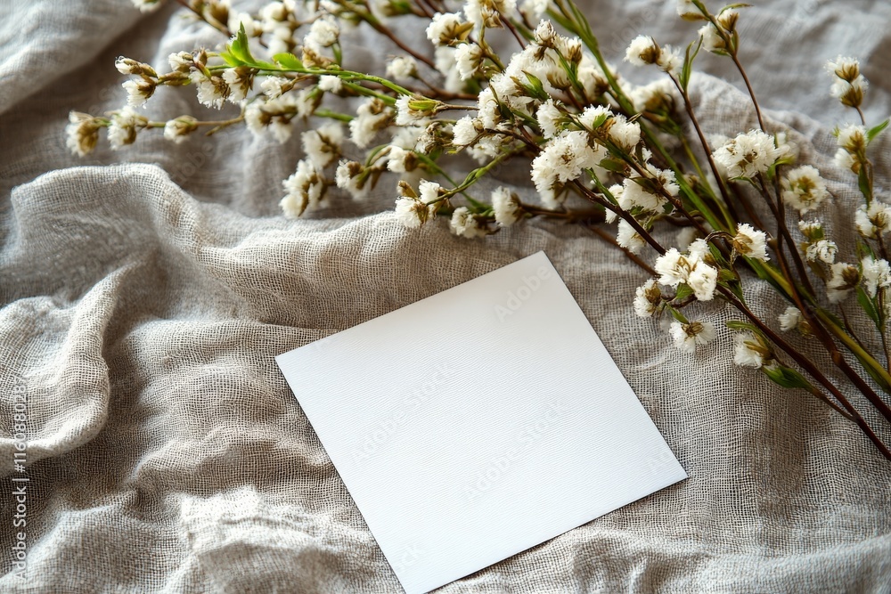 Blank card next to white flowers on textured fabric captured in natural light Blank card next to white flowers on textured fabric captured in natural light
