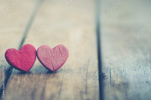 Hearts on Wooden Background – Rustic Valentine's Day Love Illustration - Negative space