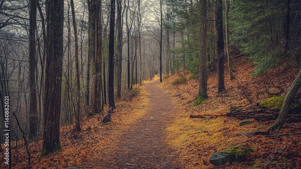 Naklejka premium forest hike, nature trail, wooded path, fresh air, outdoor adventure, green canopy, peaceful walk