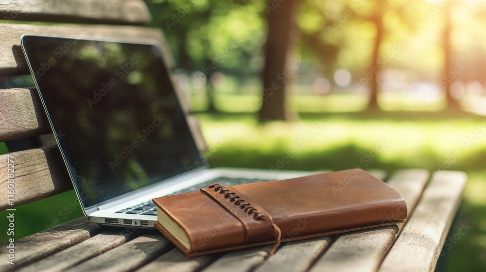 Laptop and leather notebook on park bench. Laptop and leather notebook on park bench.