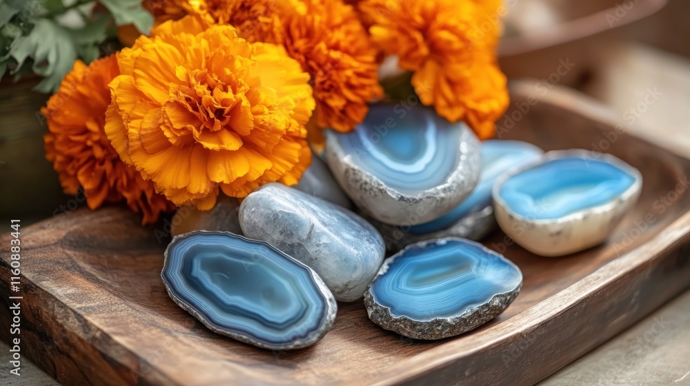 Blue agate slices and orange marigolds on wooden tray. Blue agate slices and orange marigolds on wooden tray.