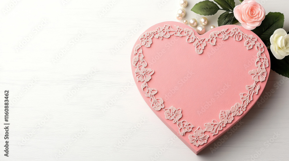 Heart shaped pink gift box with intricate lace design, surrounded by flowers and pearls, perfect for special occasions Heart shaped pink gift box with intricate lace design, surrounded by flowers and pearls, perfect for special occasions