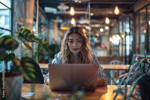 Young female Entrepreneur Freelancer Working Using A Laptop In Coworking space photo