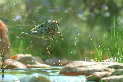Grasshopper leaping over stream.