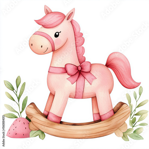 Cute pink rocking horse with soft ribbons surrounded by greenery and strawberry. Perfect for children decor or nursery art photo