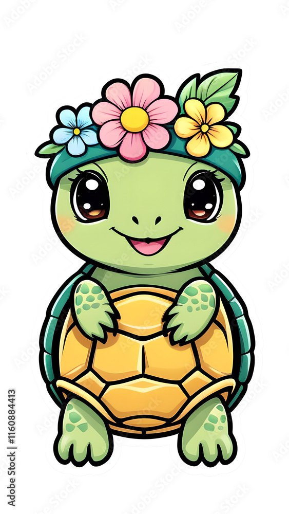 Obraz premium Adorable Turtle Sticker with Flower Crown: Kawaii Contour Vector Art on White Background