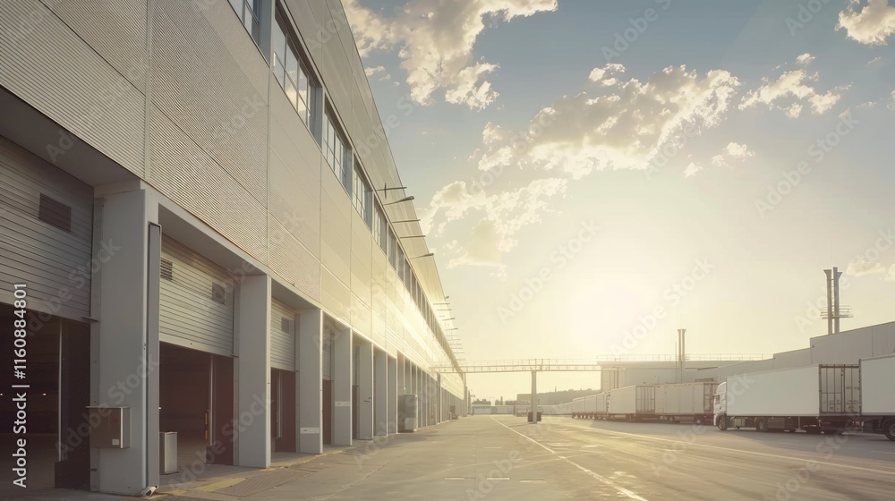 Obraz premium Modern warehouse facility at sunset. Exterior view of industrial building with loading docks and trucks.