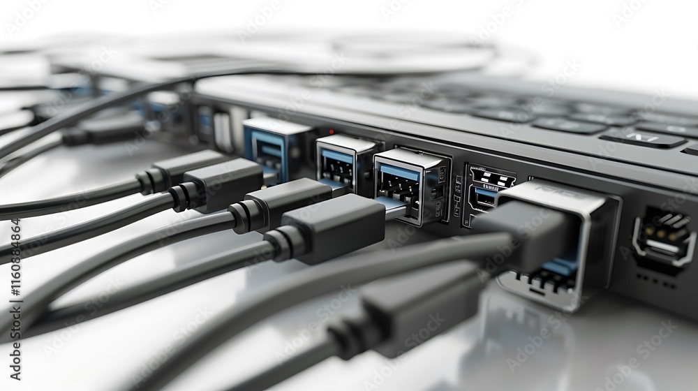 A USB-C docking station with multiple ports, isolated on white. A USB-C docking station with multiple ports, isolated on white.