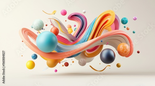 Vibrant Abstract 3D Rendering with Colorful Waves and Spheres