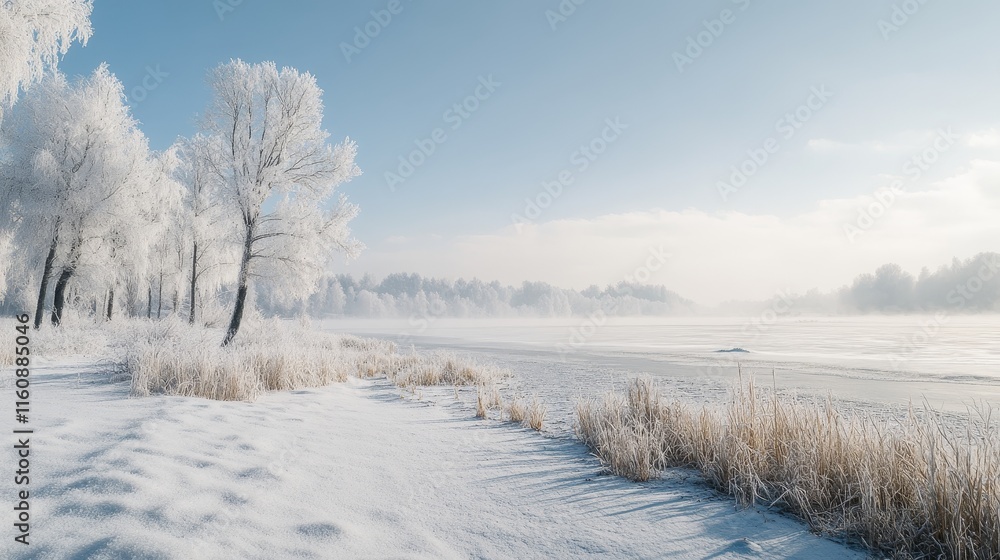 frozen winter, icy landscape, snow-covered ground, chilly atmosphere, frosty trees, winter chill