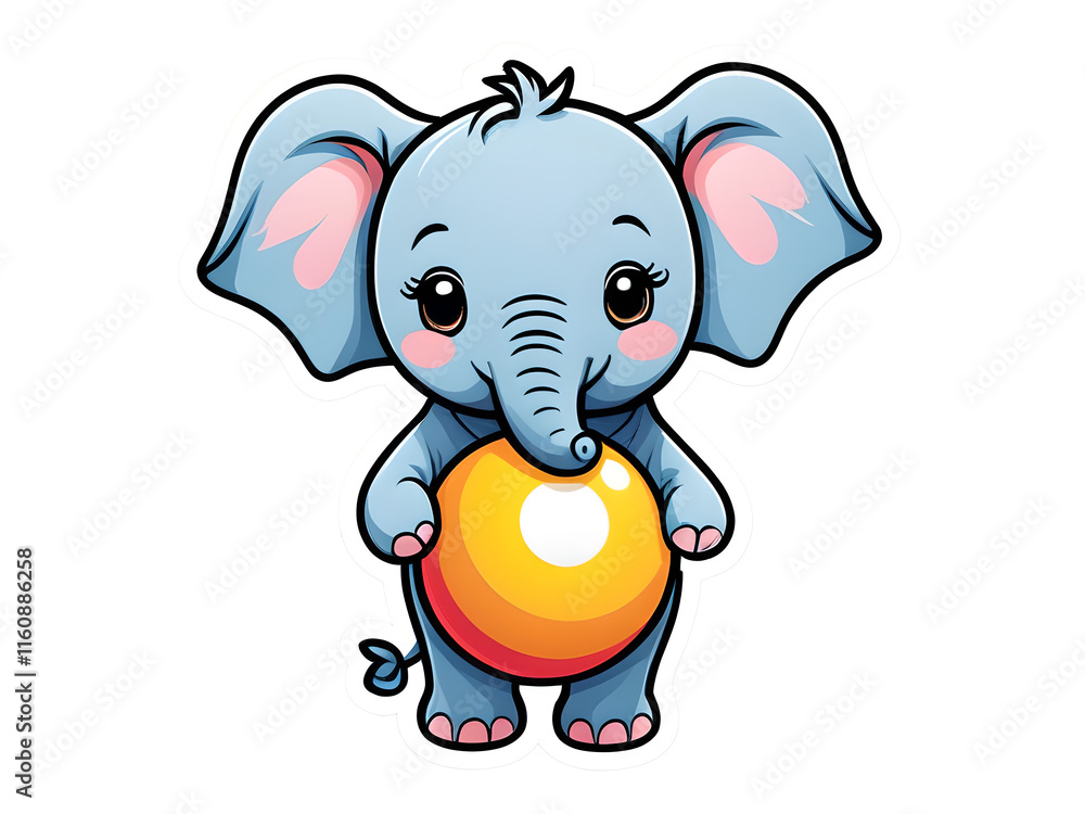 Fototapeta premium Cute Elephant Balancing on a Ball: Kawaii Contour Vector Art on White Background