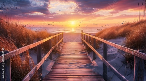 Wooden boardwalk leading to a golden beach at sunset