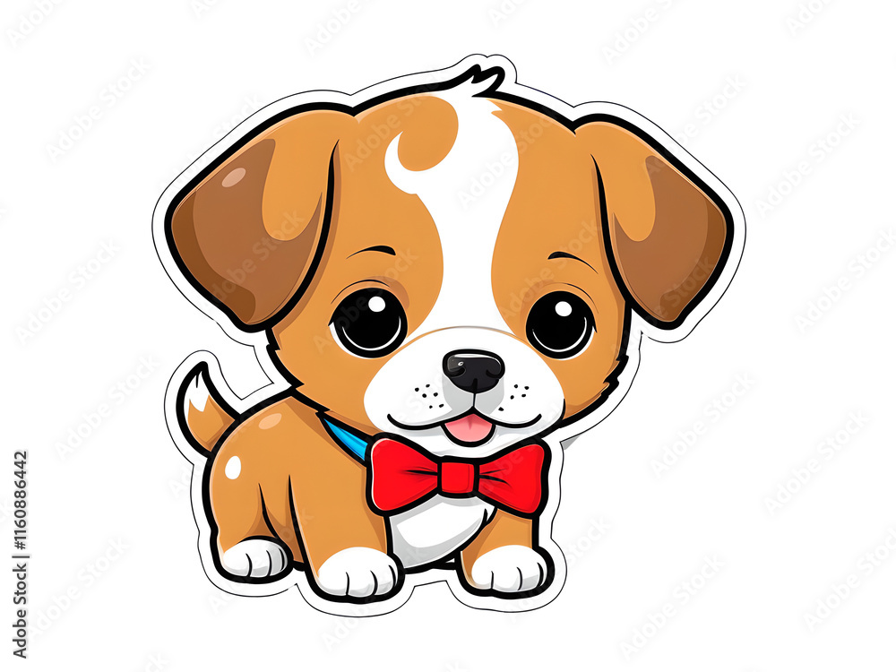 Kawaii Contour Puppy Sticker with Bowtie on White Background Kawaii Contour Puppy Sticker with Bowtie on White Background