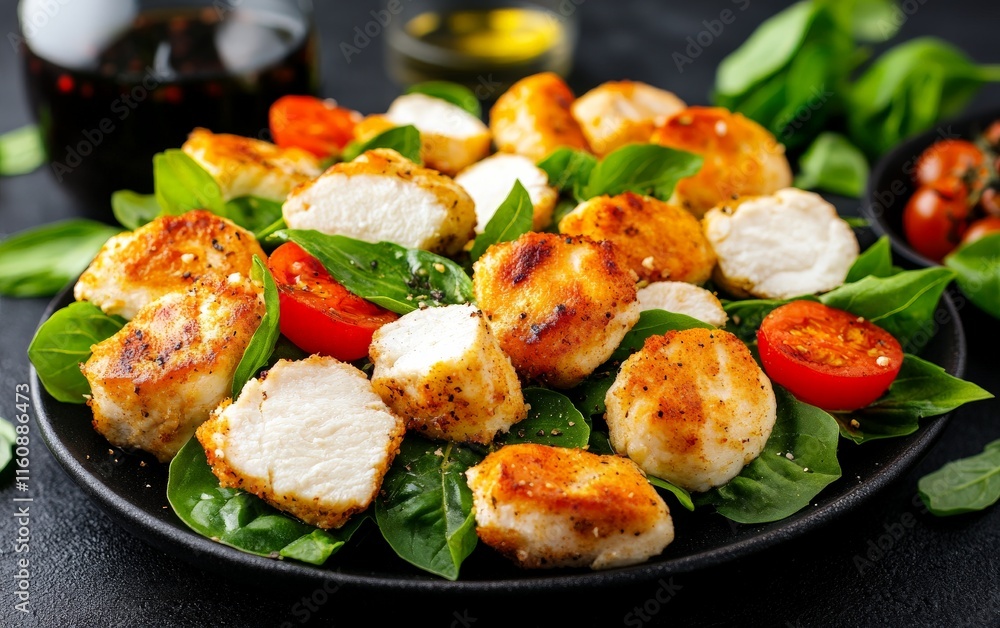Grilled chicken salad with cherry tomatoes and leafy greens, served on a rustic dark plate for a hearty, protein packed and nutritious meal concept Grilled chicken salad with cherry tomatoes and leafy greens, served on a rustic dark plate for a hearty, protein packed and nutritious meal concept