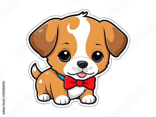 Kawaii Contour Puppy Sticker with Bowtie on White Background