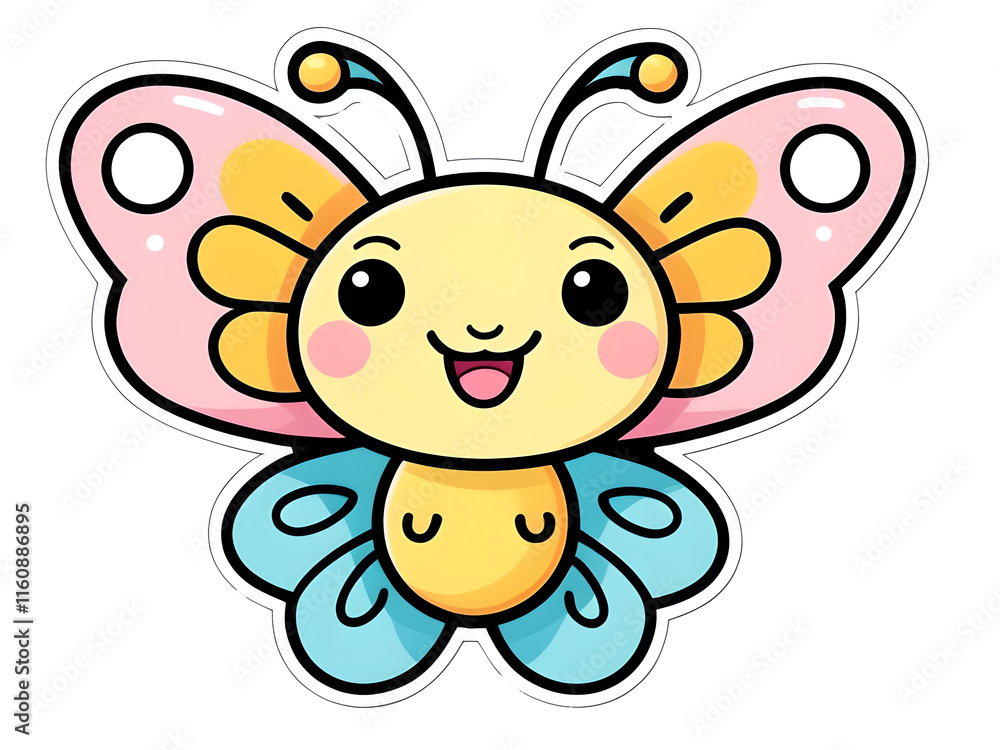 Kawaii Happy Butterfly Sticker with Pastel Wings on White Background Kawaii Happy Butterfly Sticker with Pastel Wings on White Background