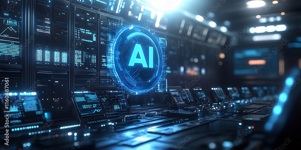 AI interface glowing on futuristic server room control panel. AI interface glowing on futuristic server room control panel.